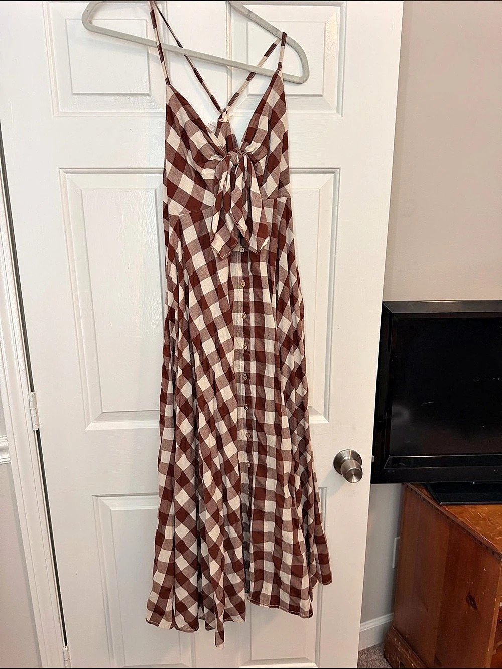 NWT Free People Gingham Cami Midi Dress in Brown & Cream